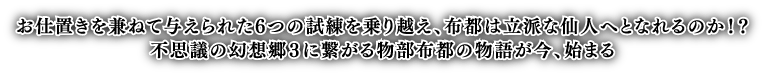 お仕置きを兼ねて与えられた6つの試練を乗り越え、布都は立派な仙人へとなれるのか！？不思議の幻想郷３に繋がる物部布都の物語が今、始まる